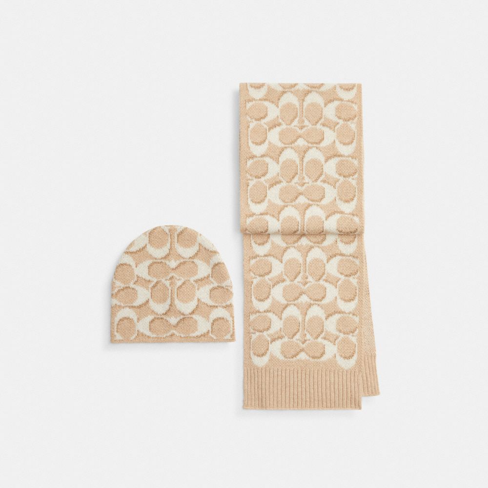 Coach Signature Metallic Beanie And Muffler Gift Set Ivory