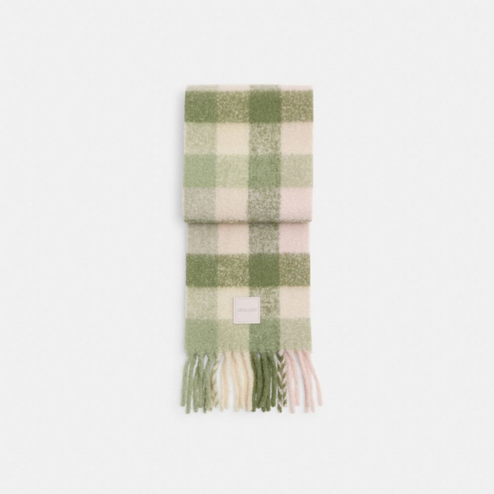 Coach Oversized Plaid Muffler With Rubber Patch Olive Multi