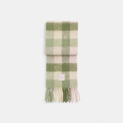 Coach Oversized Plaid Muffler With Rubber Patch Olive Multi