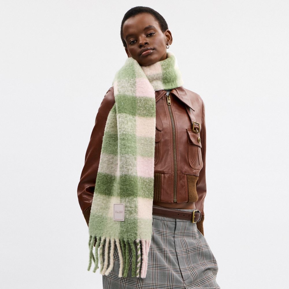 Coach Oversized Plaid Muffler With Rubber Patch Olive Multi