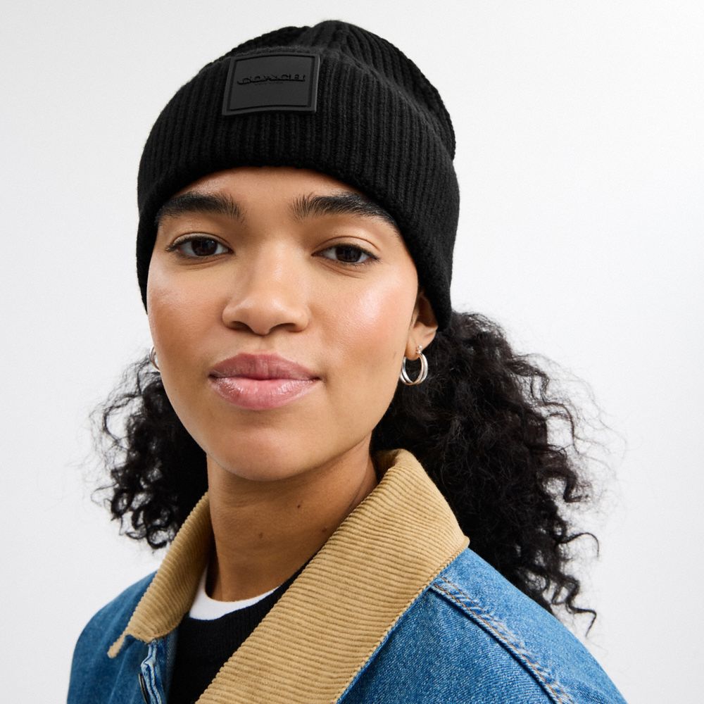 Coach Knit Beanie With Rubber Patch Black