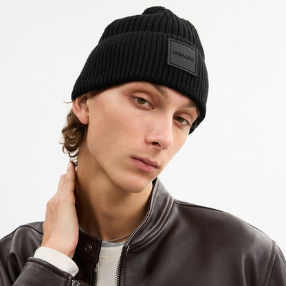 Coach Knit Beanie With Rubber Patch Black