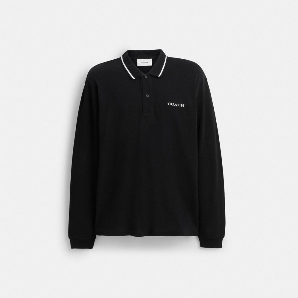 Coach Signature Trim Long Sleeve Polo In Regenerative Cotton Black