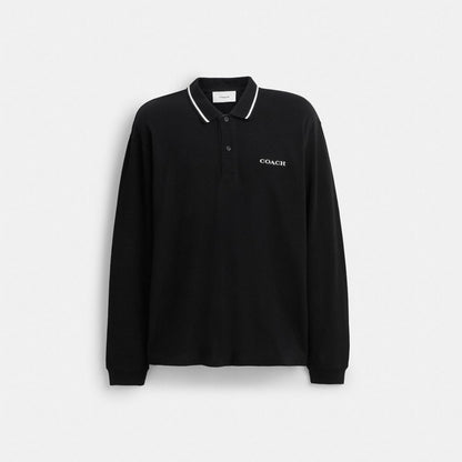 Coach Signature Trim Long Sleeve Polo In Regenerative Cotton Black
