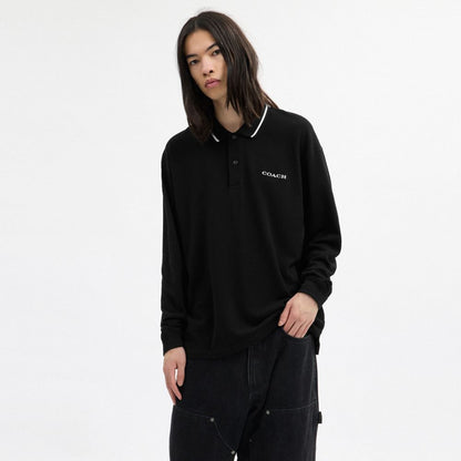 Coach Signature Trim Long Sleeve Polo In Regenerative Cotton Black