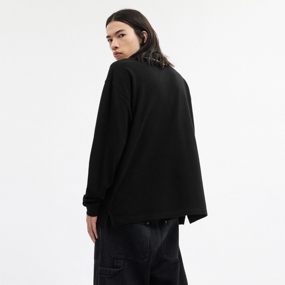 Coach Signature Trim Long Sleeve Polo In Regenerative Cotton Black