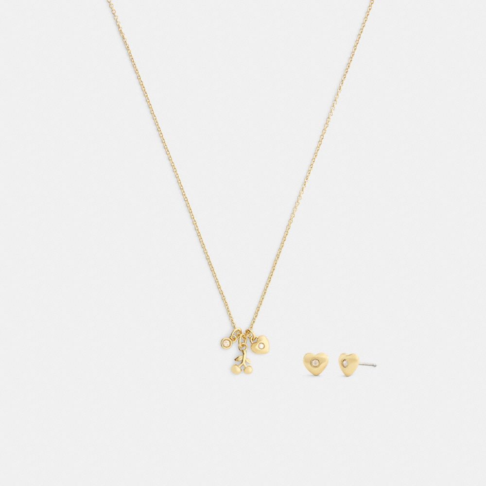 Coach Cherry And Heart Earrings And Necklace Set Gold