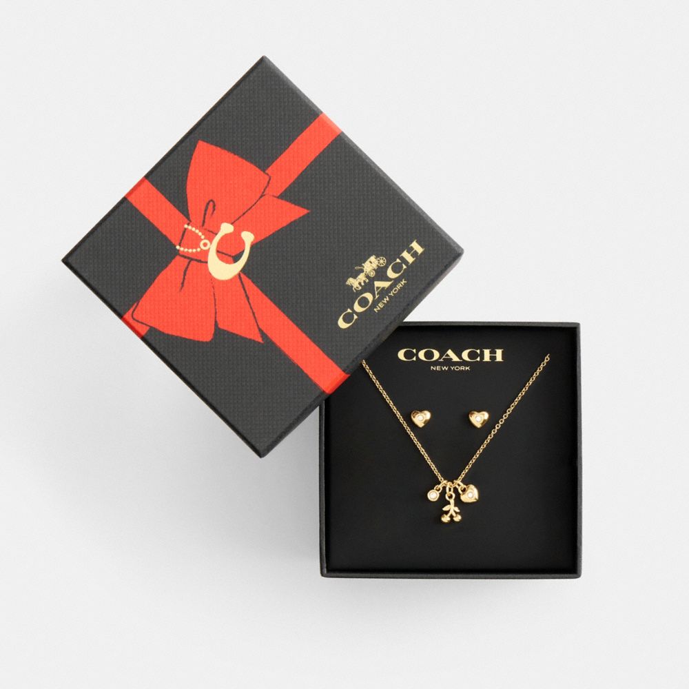 Coach Cherry And Heart Earrings And Necklace Set Gold