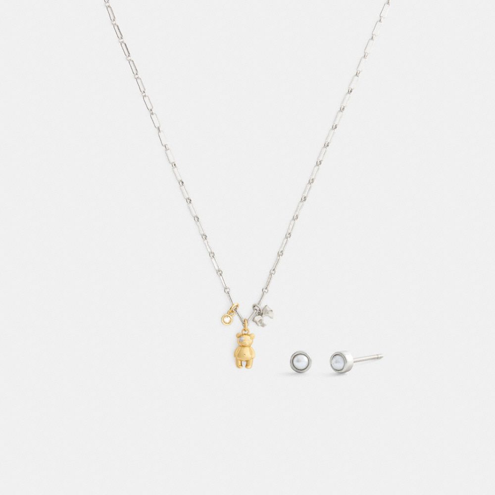 Coach Teddy Bear And Bow Earrings And Necklace Set Gold Silver