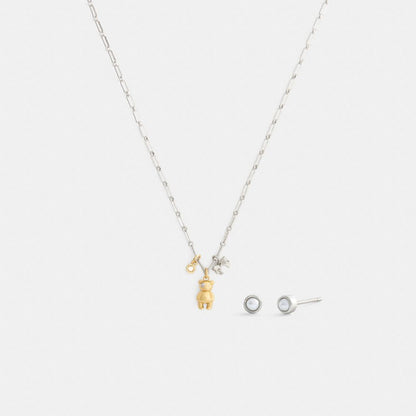 Coach Teddy Bear And Bow Earrings And Necklace Set Gold Silver