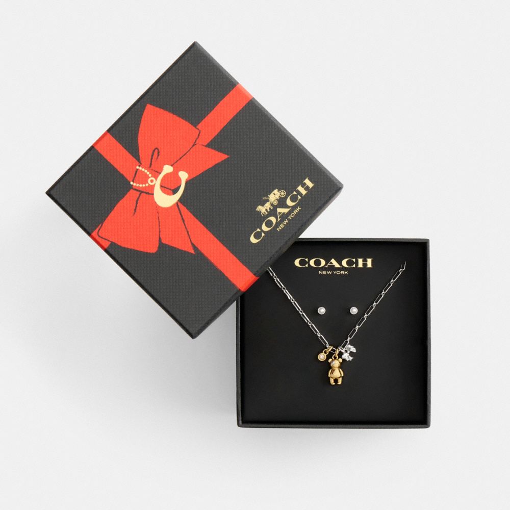 Coach Teddy Bear And Bow Earrings And Necklace Set Gold Silver