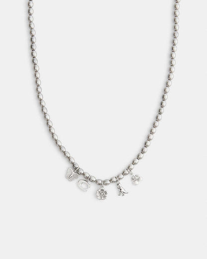 Butterfly And Rexy Charm Pearl Necklace Silver-Grey Silver-Grey