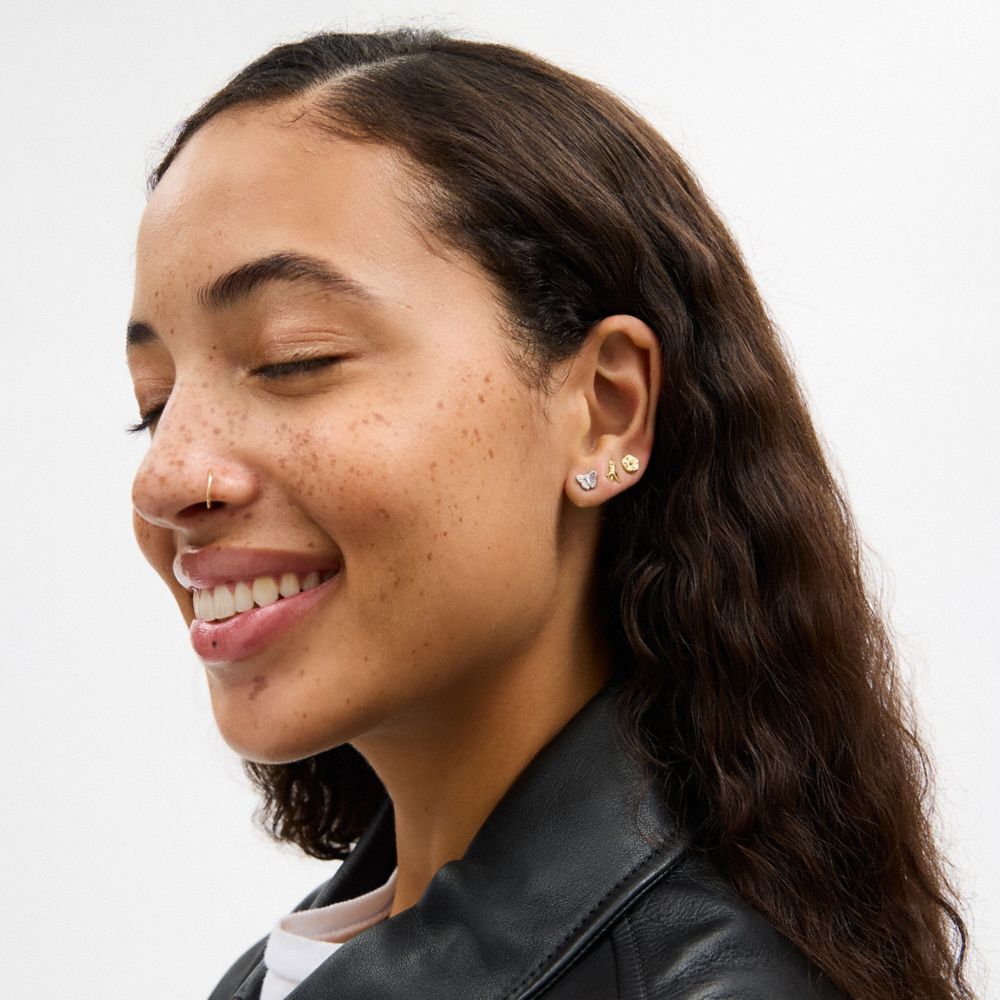 Coach Mini Butterfly And Rexy Stud Earrings Set Gold Silver