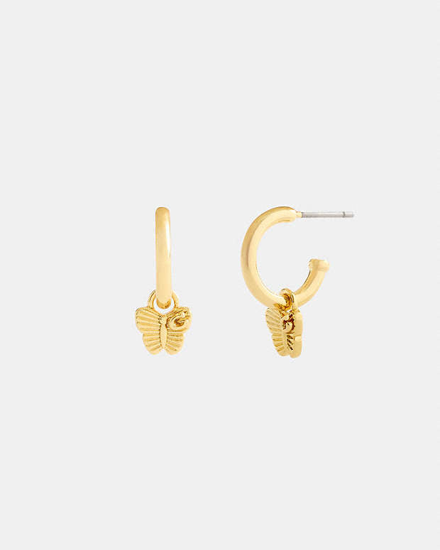 Mini Butterfly Charm Hoop Earrings Gold Gold