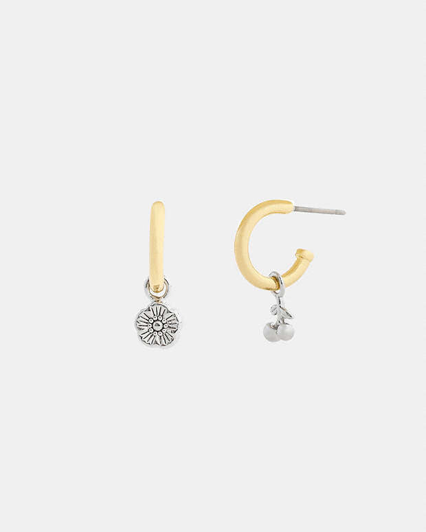 Mini Tea Rose And Cherry Charm Hoop Earrings Gold-Silver Gold-Silver