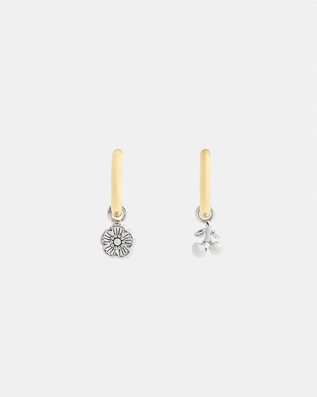 Mini Tea Rose And Cherry Charm Hoop Earrings Gold-Silver Gold-Silver