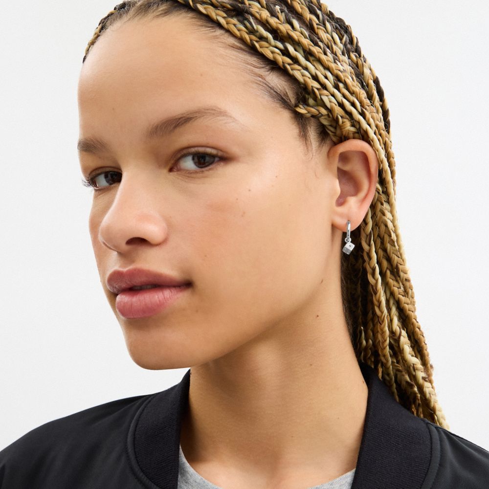 Coach Mini Dice And Rexy Charm Hoop Earrings Silver