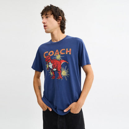 Coach Garment Washed Dinosaur T Shirt In Organic Cotton Washed Blue