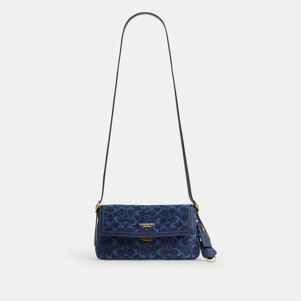Coach Etta Small Flap Shoulder Bag In Signature Chenille Gold/Navy