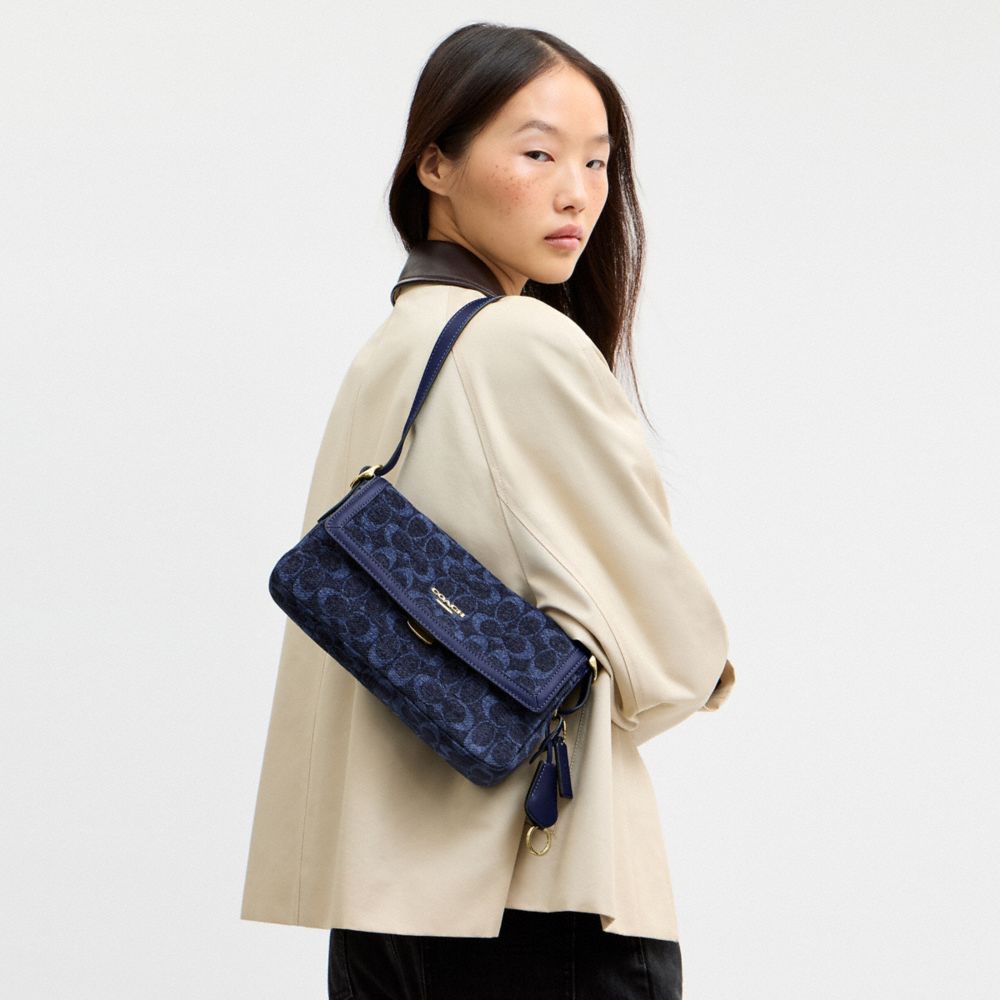Coach Etta Small Flap Shoulder Bag In Signature Chenille Gold/Navy