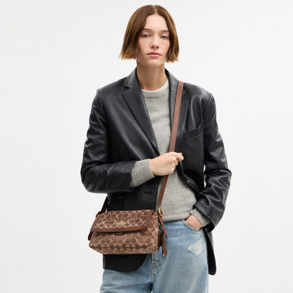 Coach Etta Small Flap Shoulder Bag In Signature Chenille Gold Light Khaki Vintage Brown