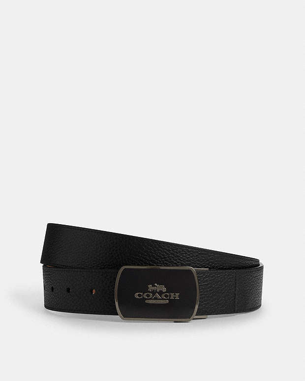 Plaque Buckle Cut To Size Reversible Belt, 38 Mm Pebbled Leather-Gunmetal-Black-Dark Saddle Pebbled Leather-Gunmetal-Black-Dark Saddle