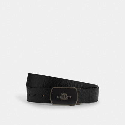 Coach Plaque Buckle Cut To Size Reversible Belt, 38 Mm Gunmetal Black Dark Saddle