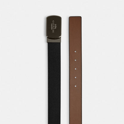 Coach Plaque Buckle Cut To Size Reversible Belt, 38 Mm Gunmetal Black Dark Saddle