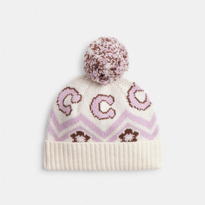 Coach Fair Isle Print Knit Beanie Chalk Multi