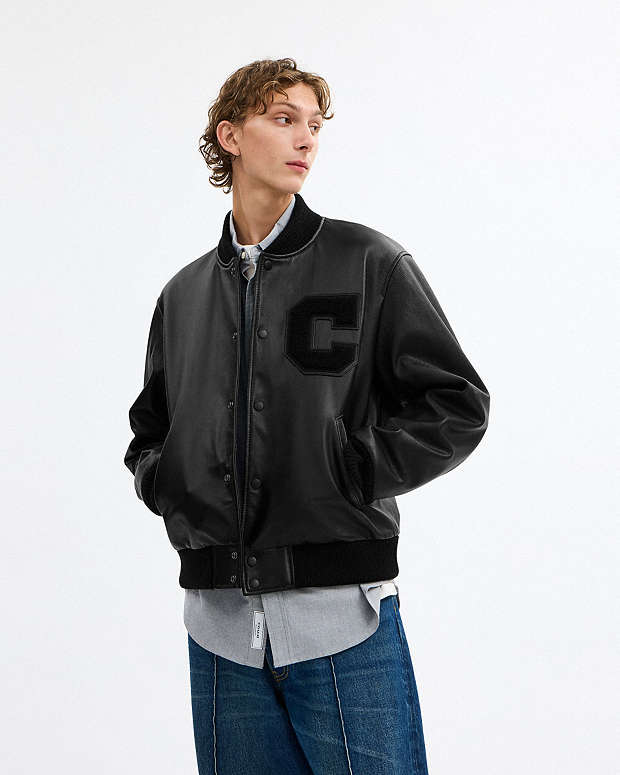 Leather Varsity Jacket Black Black