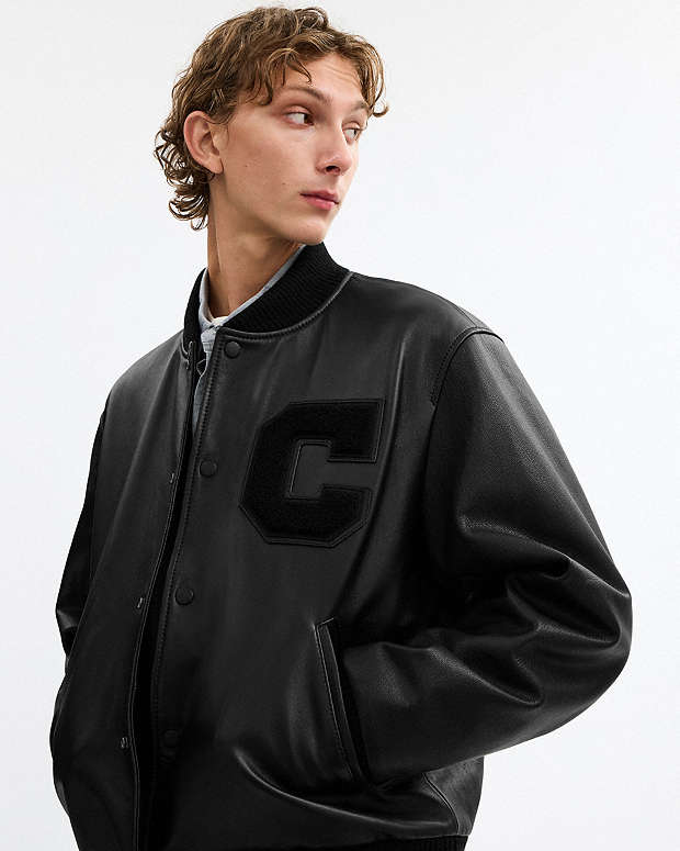 Leather Varsity Jacket Black Black