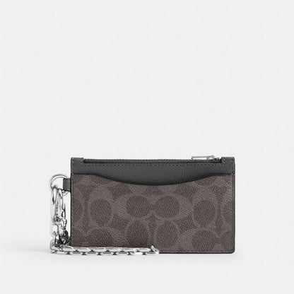 Coach Zip Card Case With Chain In Signature Canvas Grey Signature