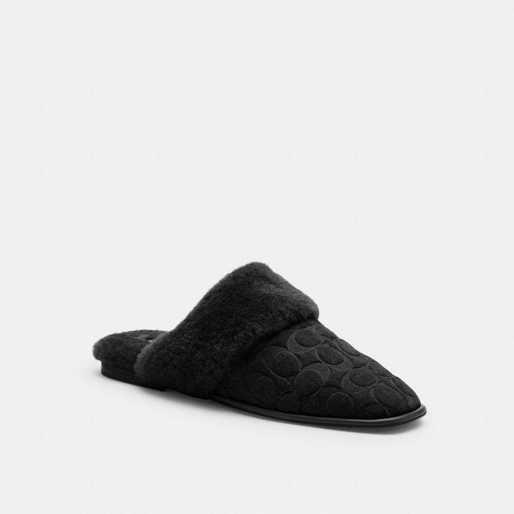 Coach Sherpa Flat Mule In Signature Suede Black