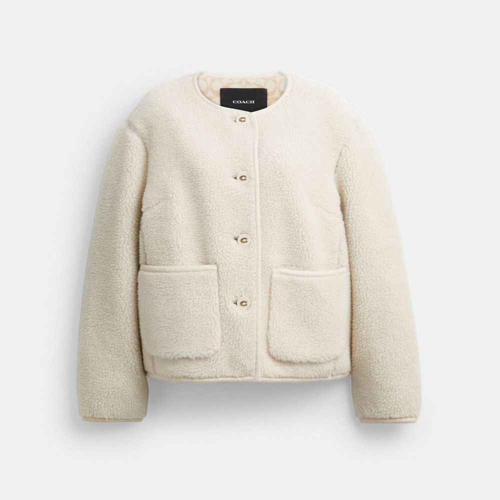 Coach Short Sherpa Cardi Jacket Natural