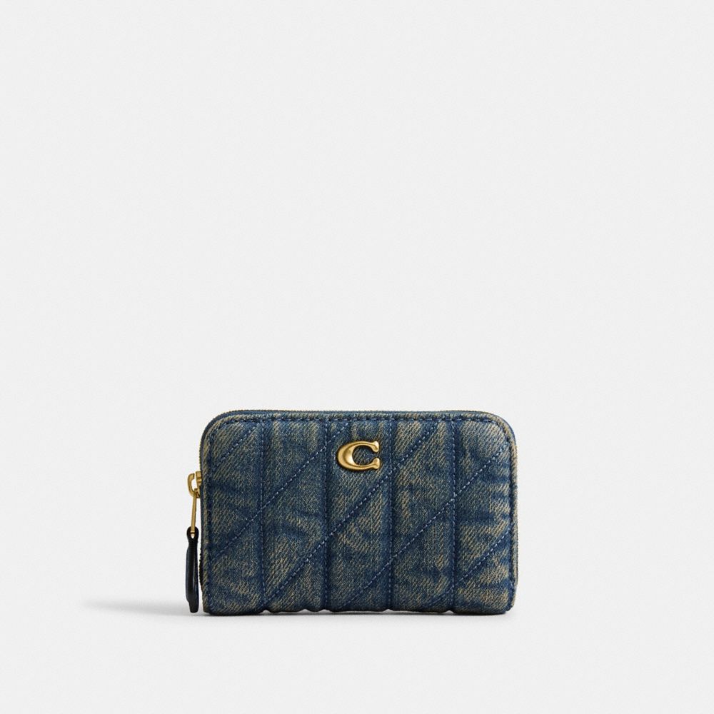 Coach Essential Small Zip Around Card Case In Regenerative Cotton Denim With Quilting Brass Dark Indigo