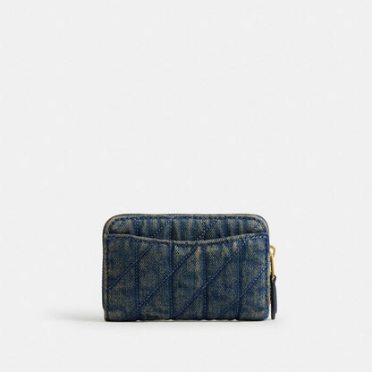 Coach Essential Small Zip Around Card Case In Regenerative Cotton Denim With Quilting Brass Dark Indigo