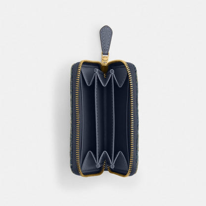 Coach Essential Small Zip Around Card Case In Regenerative Cotton Denim With Quilting Brass Dark Indigo