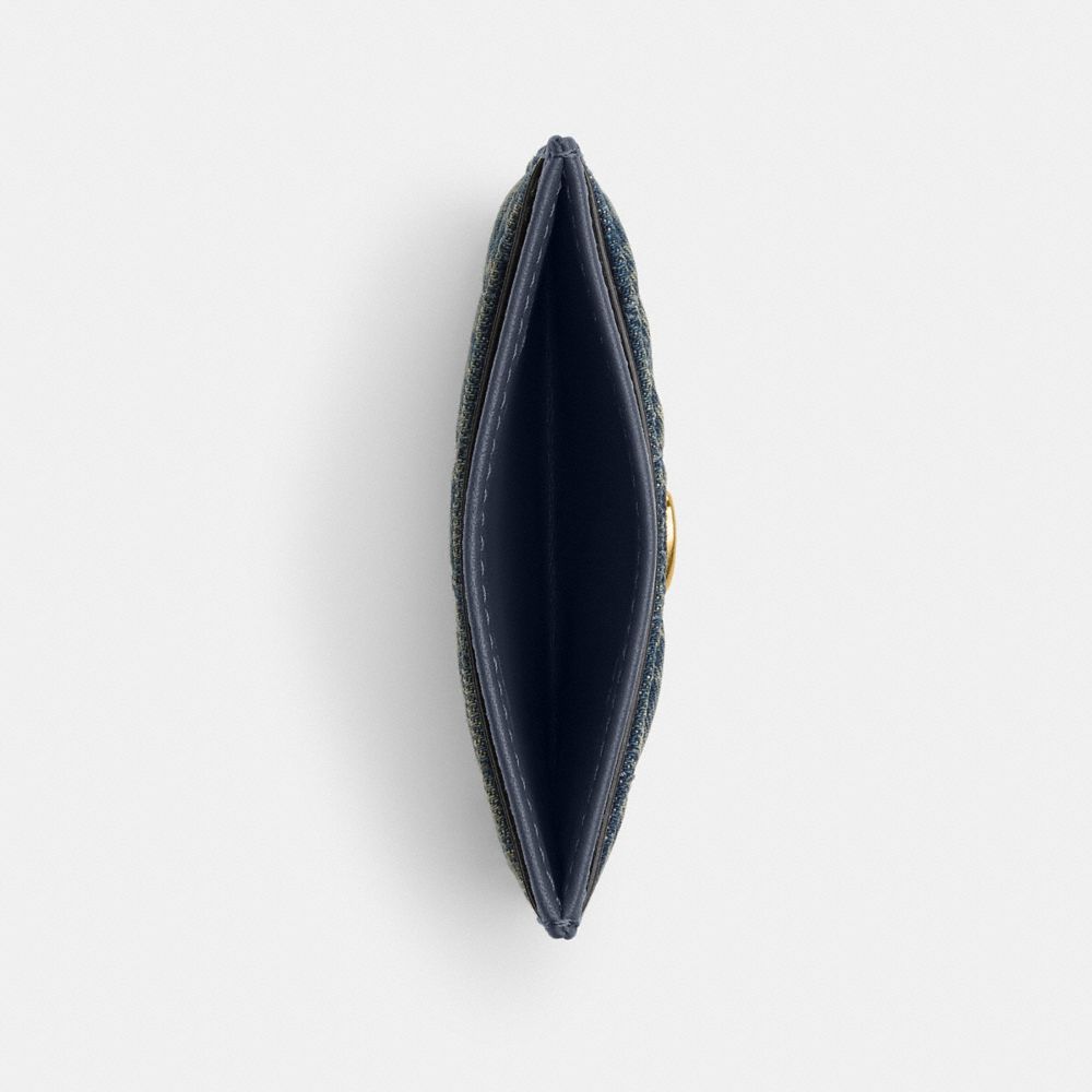 Coach Essential Card Case In Regenerative Cotton Denim With Quilting Brass Dark Indigo