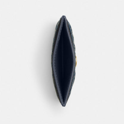 Coach Essential Card Case In Regenerative Cotton Denim With Quilting Brass Dark Indigo