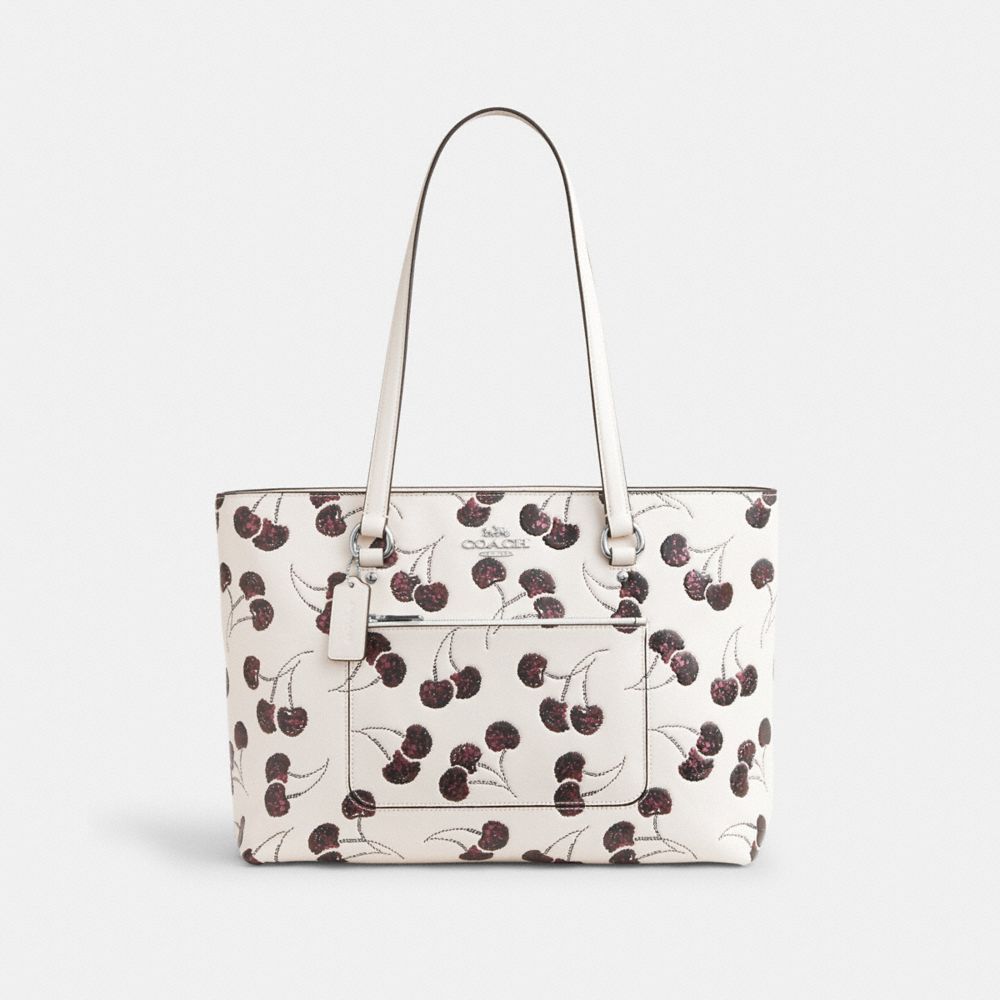 Coach Station Tote Bag With Cherry Print Silver Chalk Multi