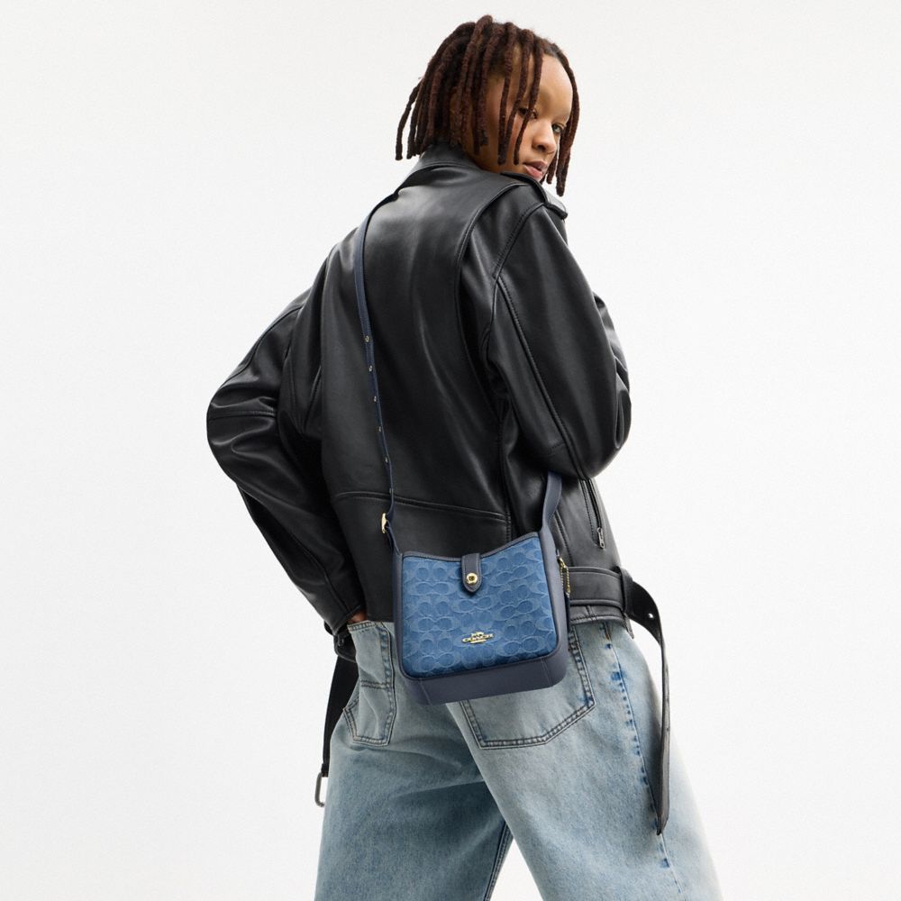 Coach Hadley Mini Crossbody Bag In Signature Denim Gold Indigo