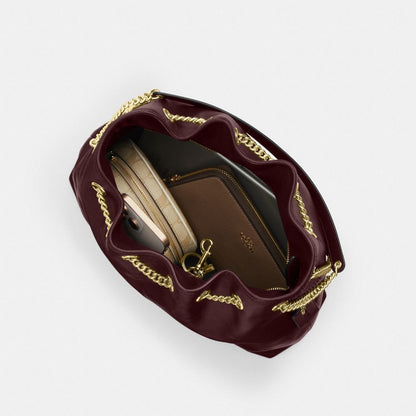 Coach Evelyn Shoulder Bag Gold Dark Wine