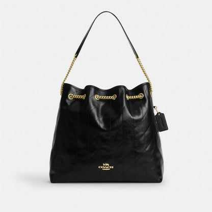 Coach Evelyn Large Shoulder Bag With Quilting Gold Black