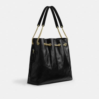 Coach Evelyn Large Shoulder Bag With Quilting Gold Black
