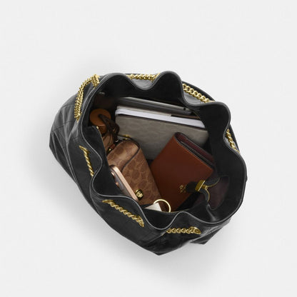 Coach Evelyn Large Shoulder Bag With Quilting Gold Black