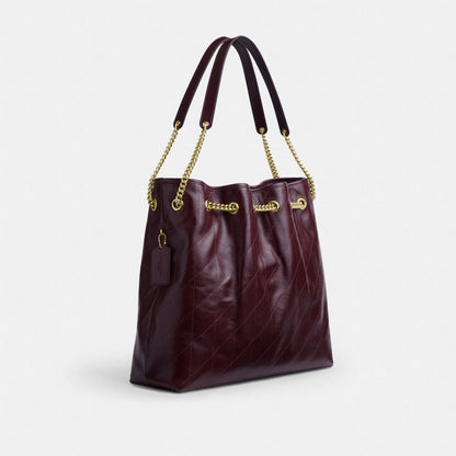 Coach Evelyn Large Shoulder Bag With Quilting Gold Dark Wine