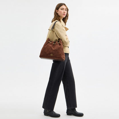 Coach Evelyn Large Shoulder Bag With Quilting Gold Vintage Brown Maple