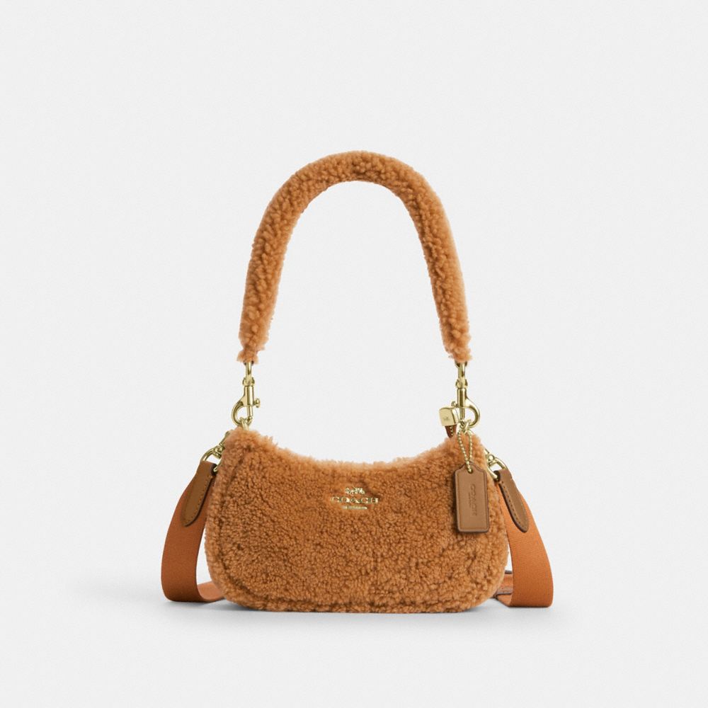 Coach Teri Mini Crossbody Bag In Shearling Gold Dark Natural Honey Brown
