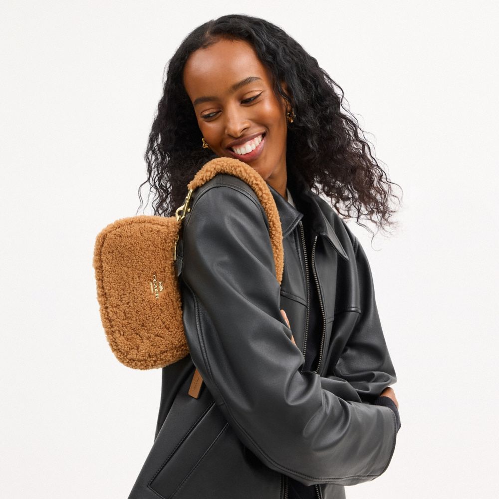 Coach Teri Mini Crossbody Bag In Shearling Gold Dark Natural Honey Brown