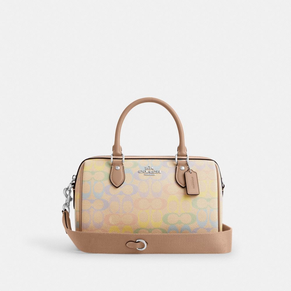 Coach Rowan Satchel Bag In Rainbow Signature Canvas Silver Sand Multi